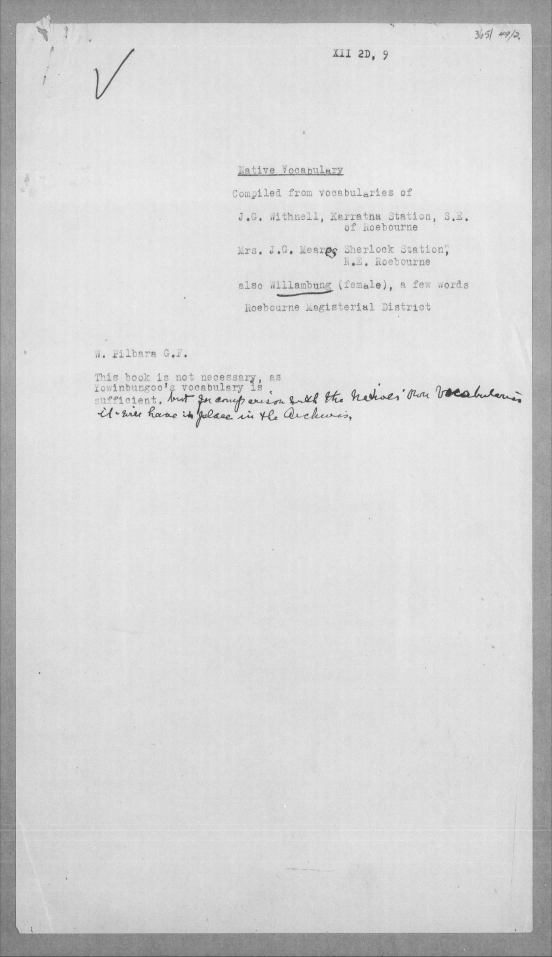 J G Withnell Mrs J G Mears And Willambung Of Roebourne J G Withnell Karratha Station S E Of Roebourne Mrs J G Meares Sherlock Station N E Roebourne Also Willambung Female A